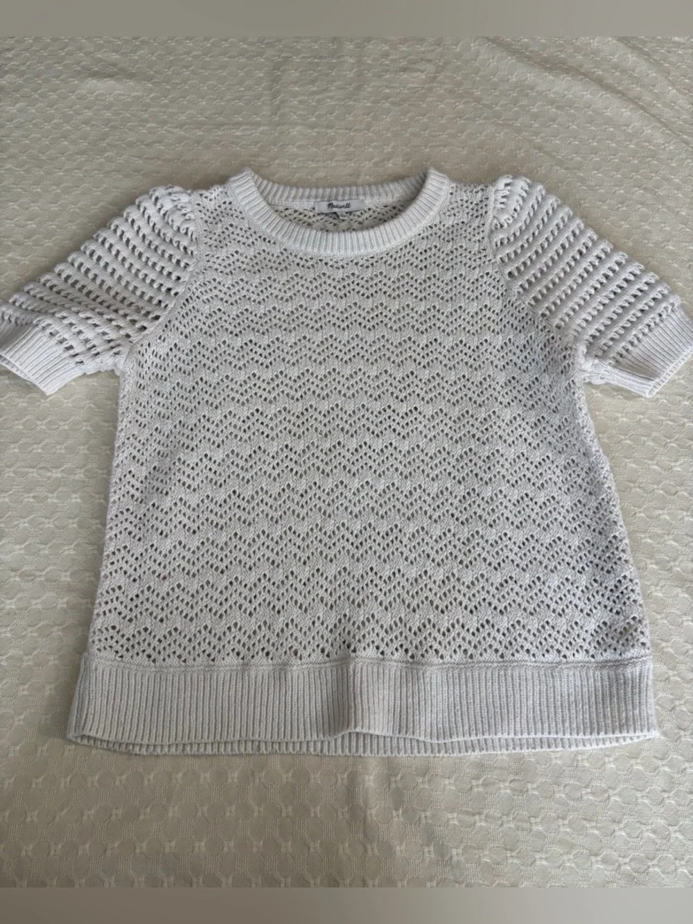Madewell Cream Openwork Short-Sleeve Knit Crewneck Crochet Sweater